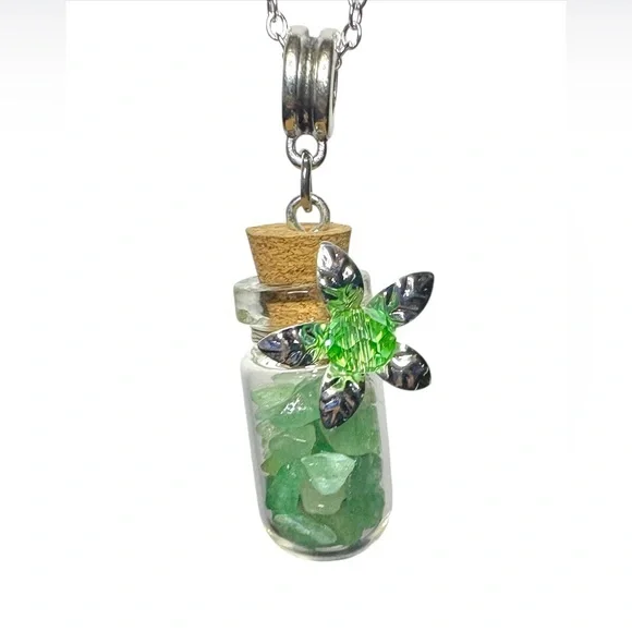 Wishing Bottle with Gemstone Chips and Crystal Center Flower on 925 Chain - Picture 13 of 14